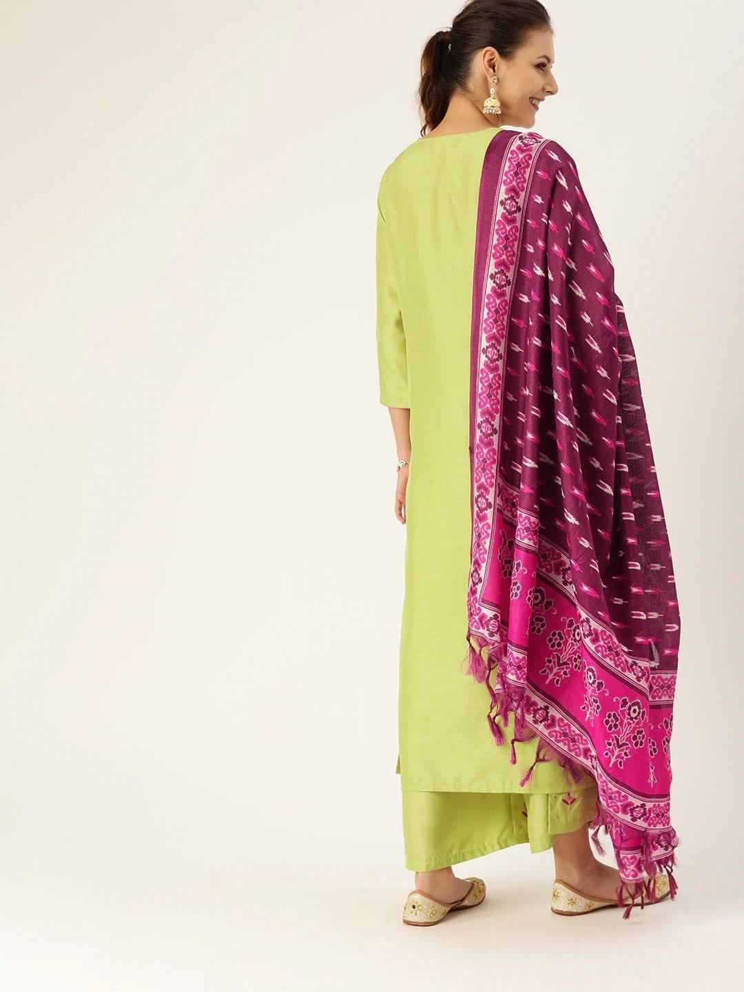 Lime Green & Purple Embroidered Kurta with Palazzos & Dupatta - Indiakreations