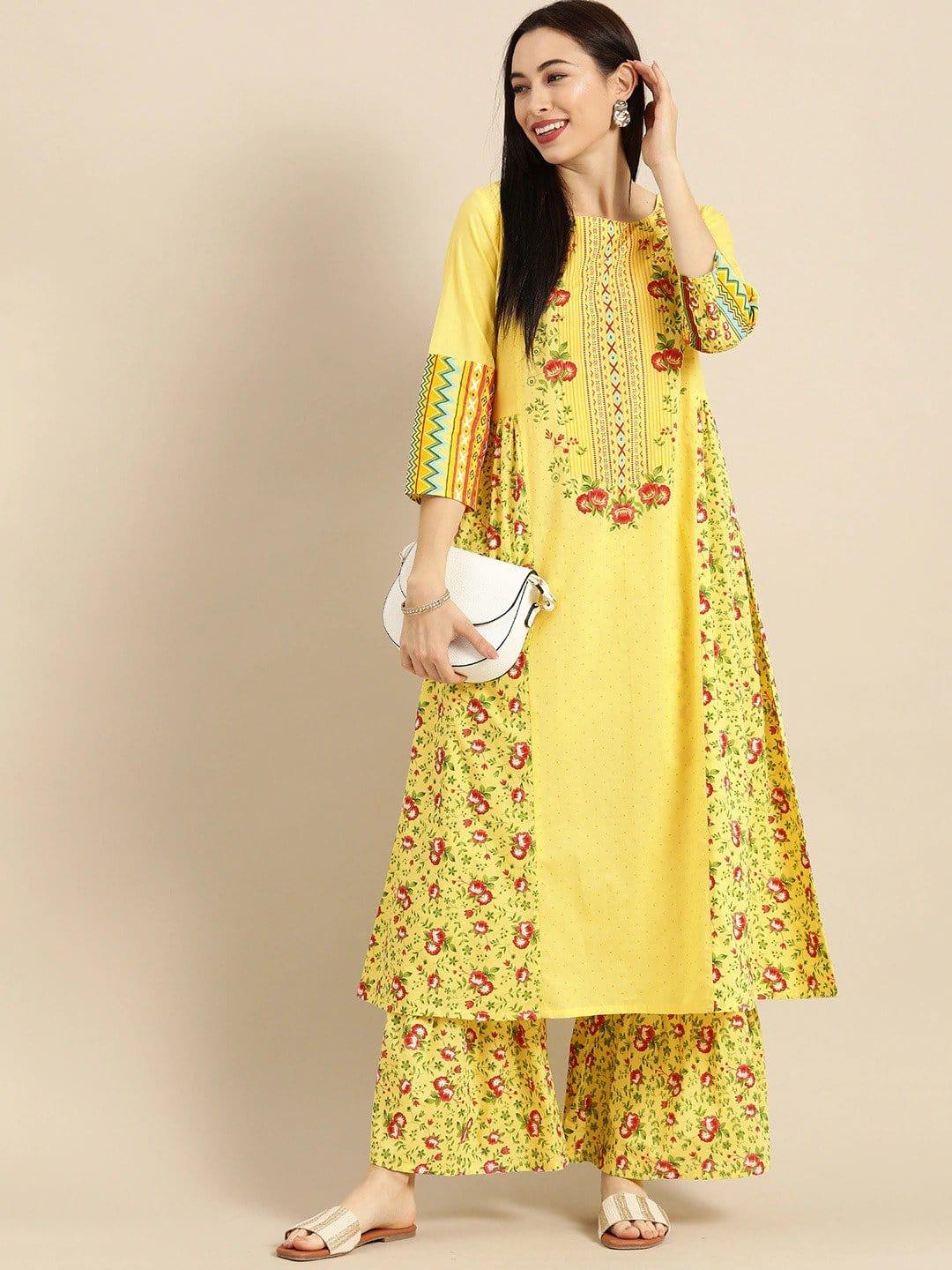 Mustard & Pink Printed Kurta with Palazzos - Indiakreations