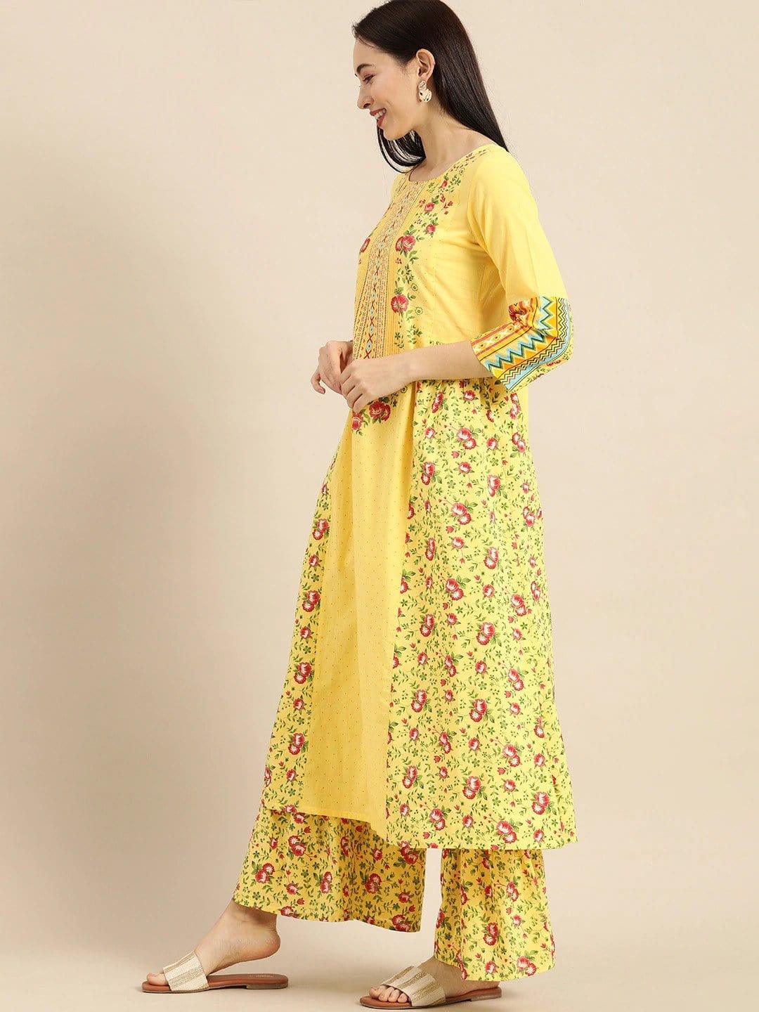 Mustard & Pink Printed Kurta with Palazzos - Indiakreations