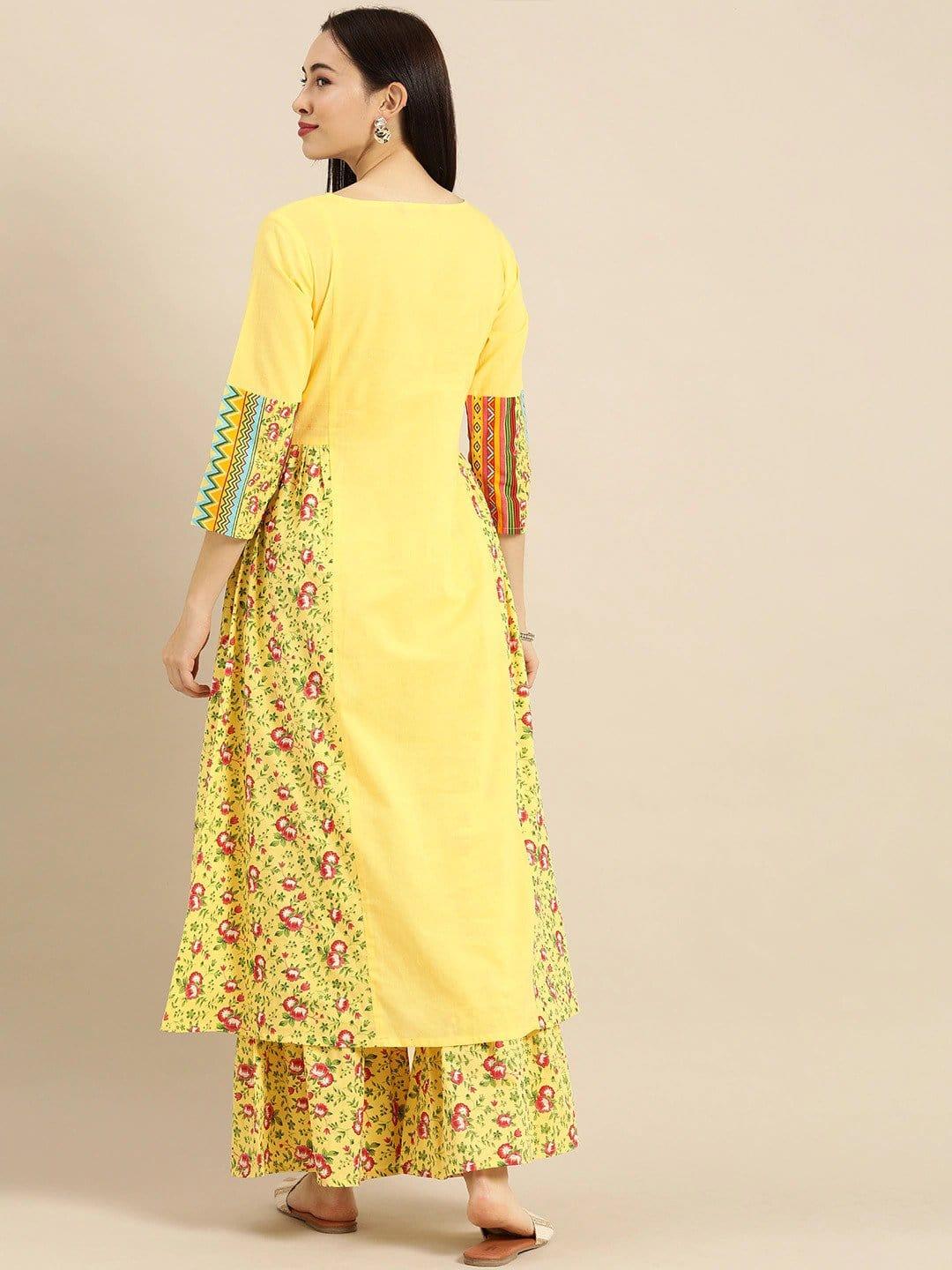 Mustard & Pink Printed Kurta with Palazzos - Indiakreations