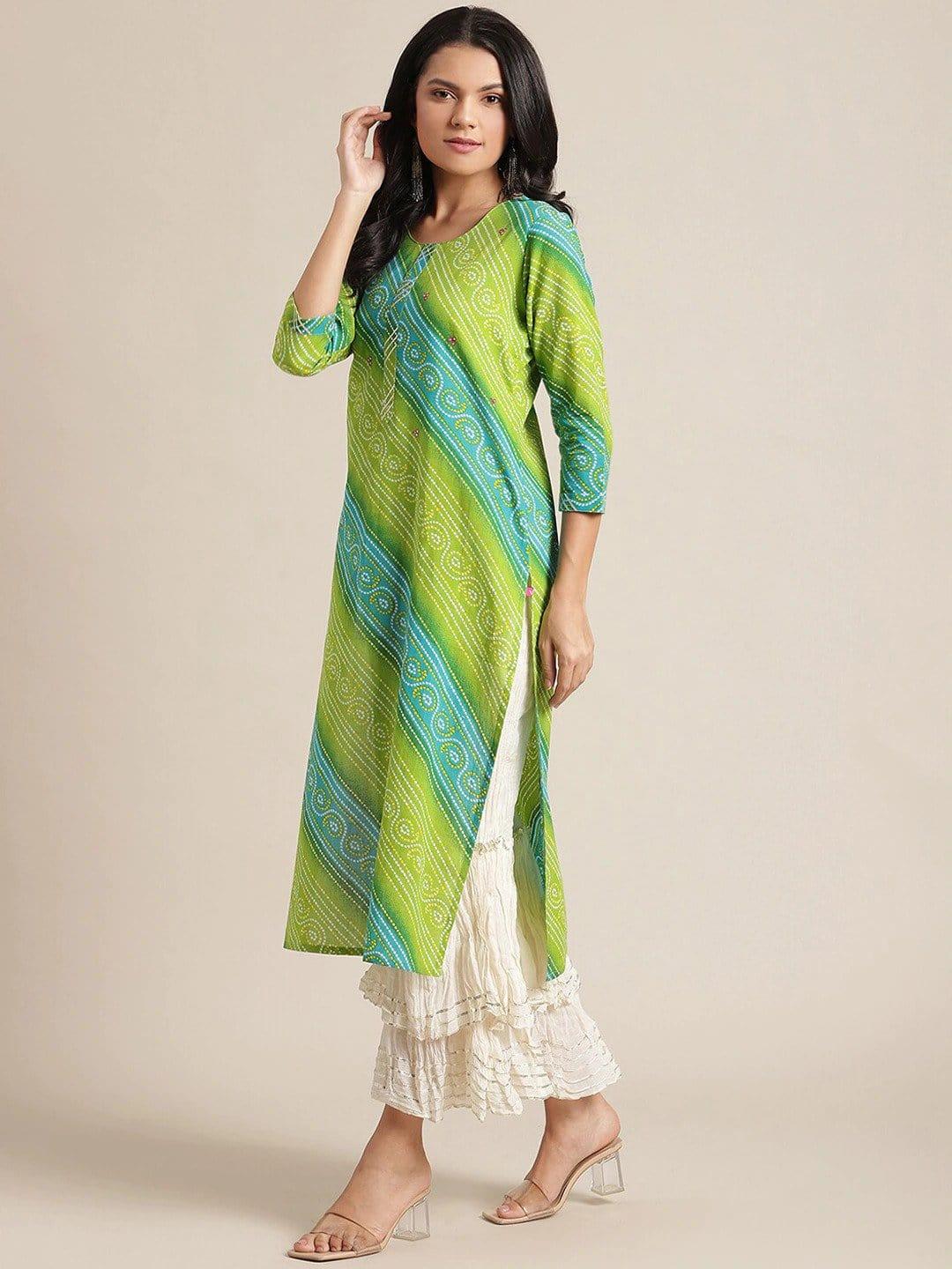 Lime Green Bandhani Printed Gotta Patti Kurta - Indiakreations