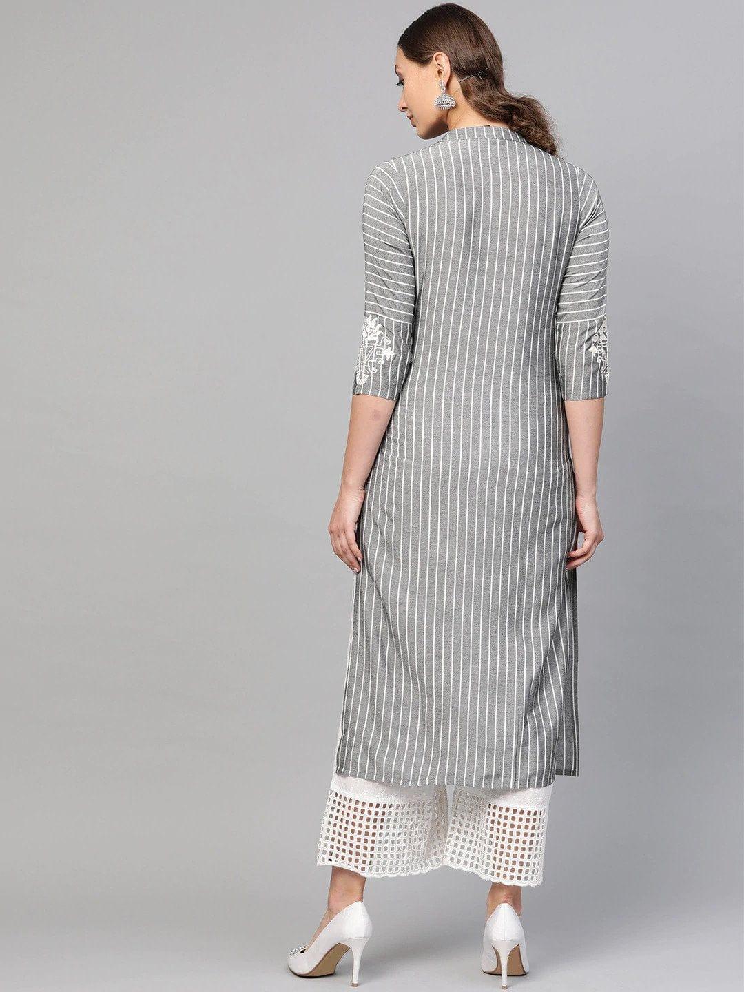 KSUT Grey & White Striped Straight Kurta - Indiakreations