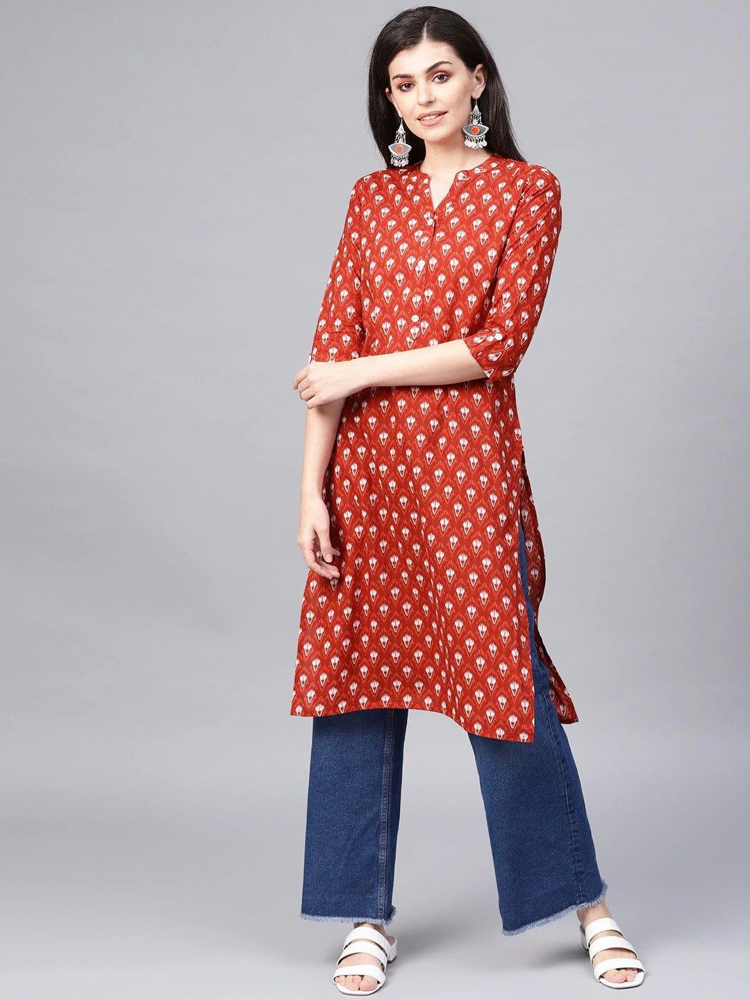 Red & White Printed Straight Ikat Kurta - Indiakreations