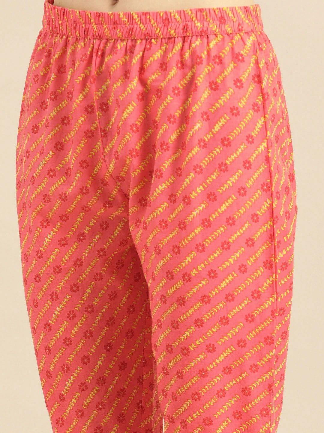 Beige & Peach-Coloured Printed Kurta with Trousers - Indiakreations