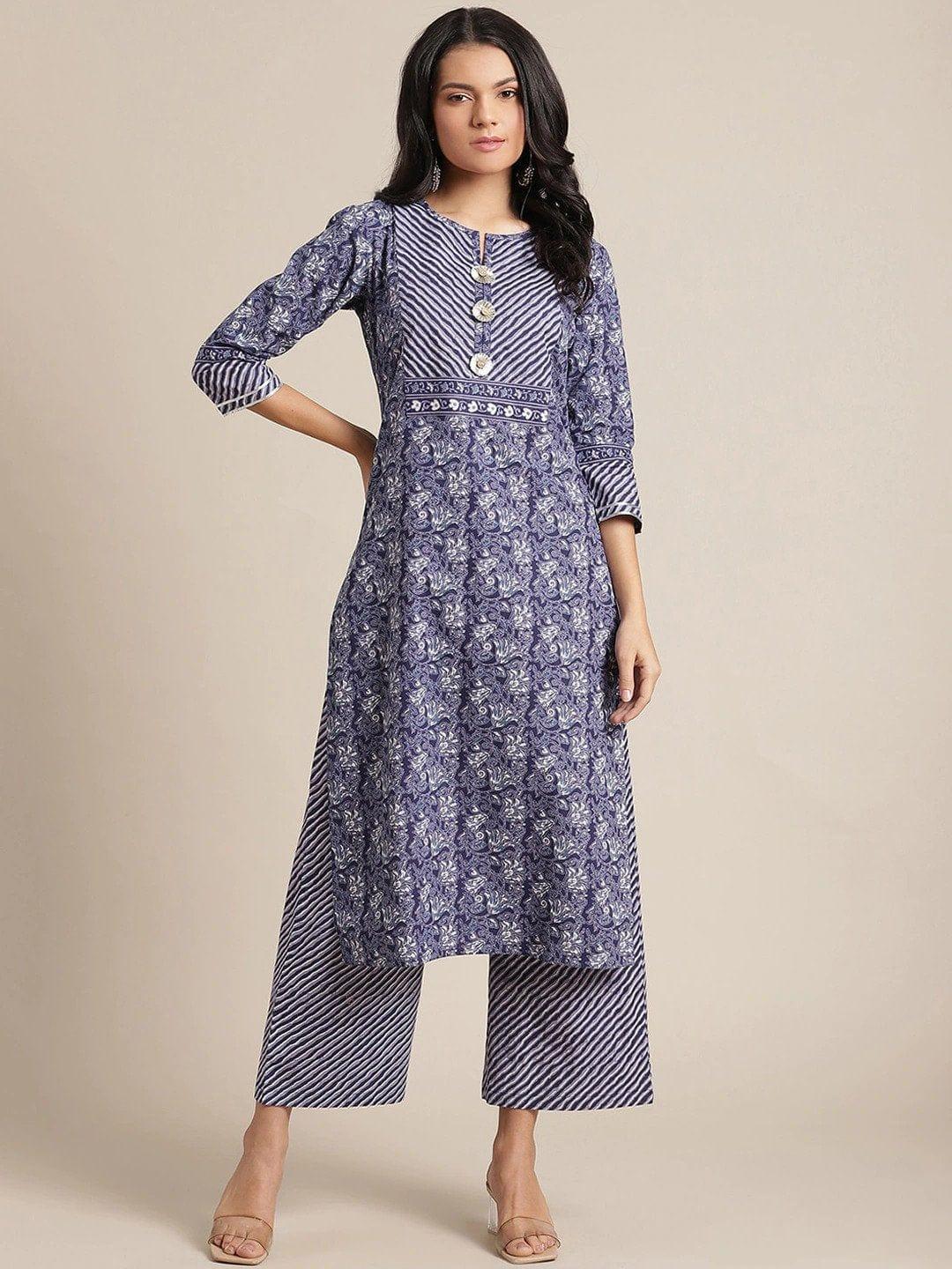 Blue Ethnic Motifs Printed Gotta Patti Kurta with Palazzos - Indiakreations