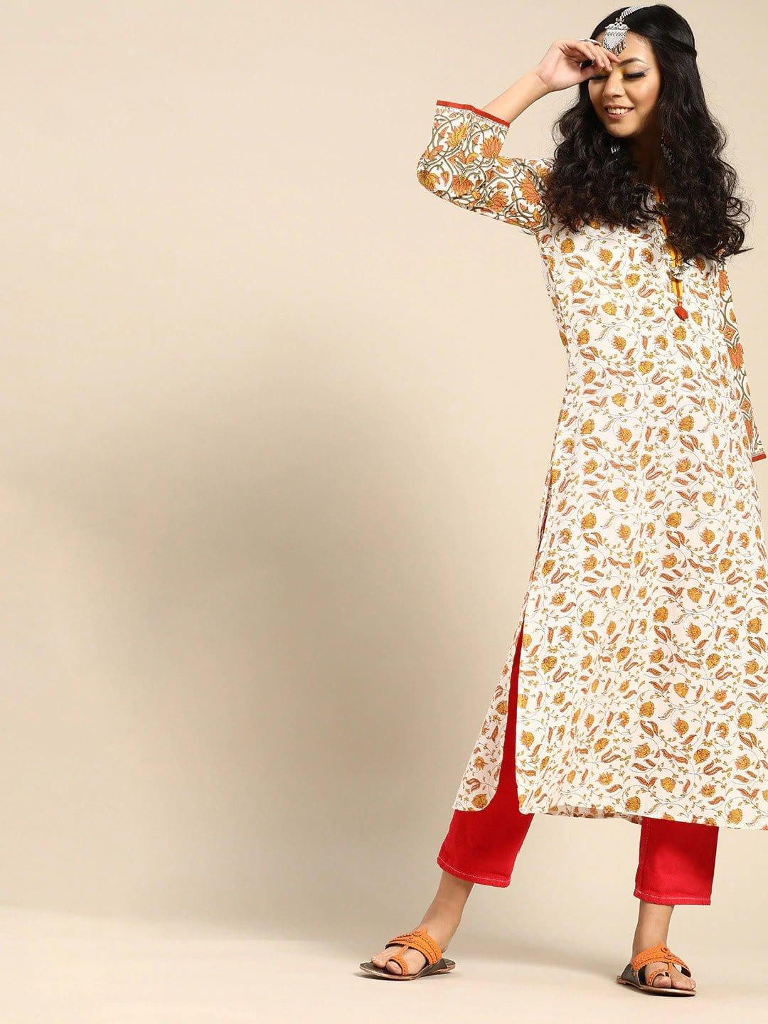 White & Orange Ethnic Motifs Printed Cotton Flared Sleeves Kurta - Indiakreations