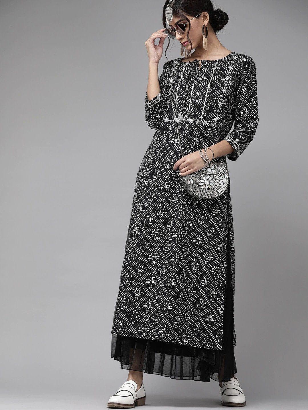 Black & White Bandhani Printed Pure Cotton Gotta Patti Kurta - Indiakreations