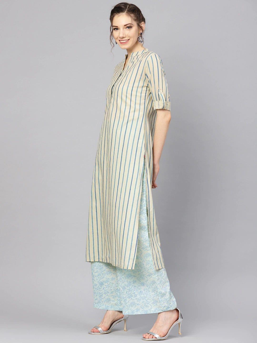 Beige & Blue Striped Kurta with Palazzos - Indiakreations