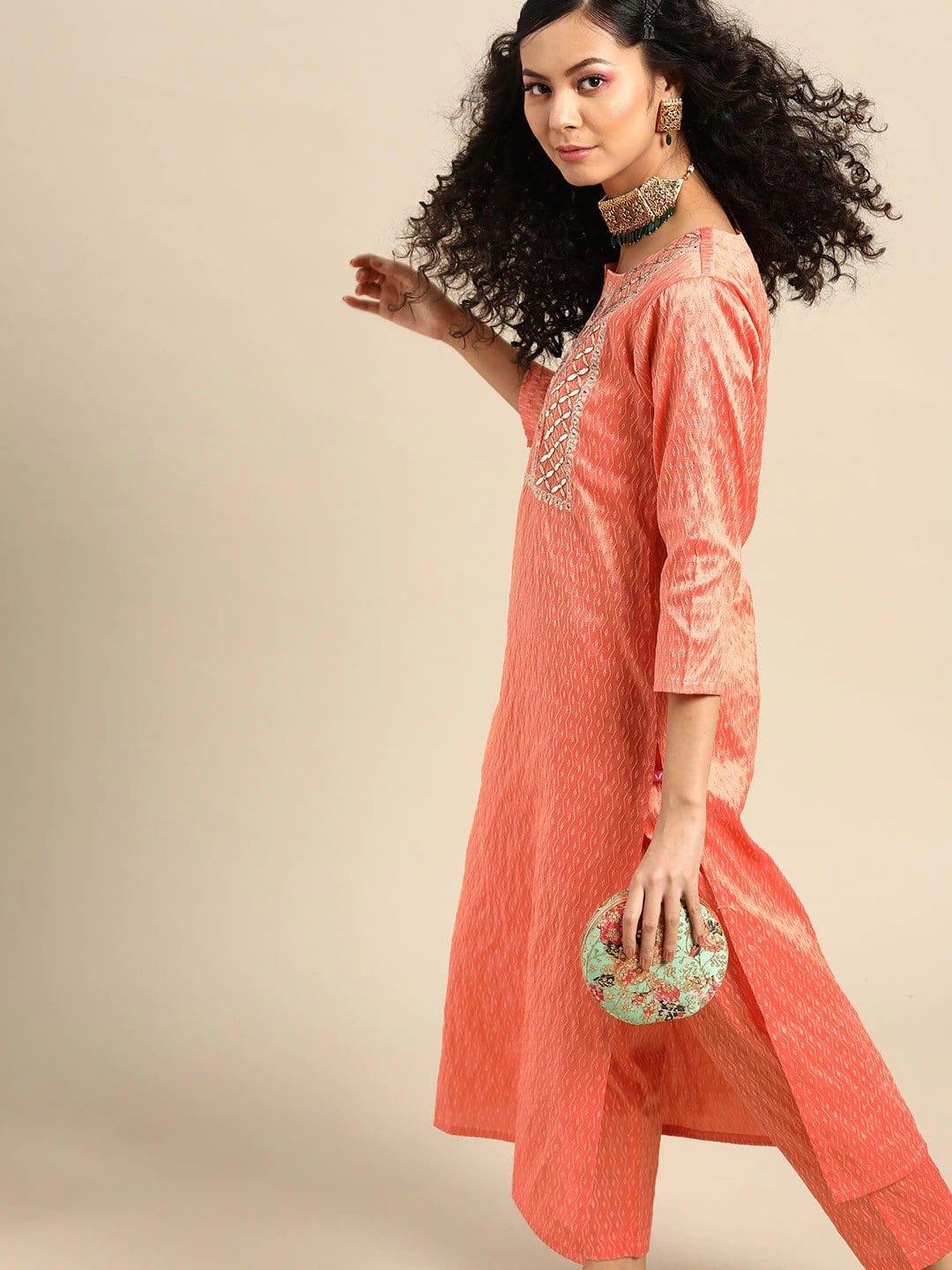 Coral Self Design Kurta with Trousers & Dupatta - Indiakreations