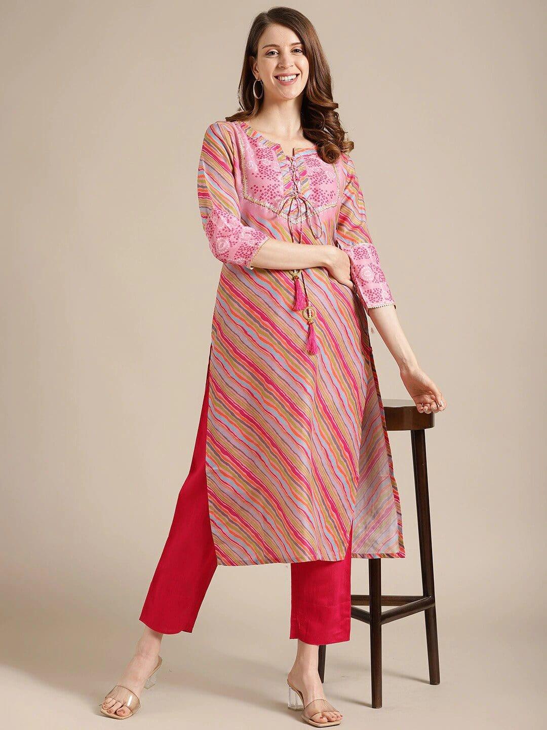 Pink & Red Striped Gotta Patti Kurta - Indiakreations