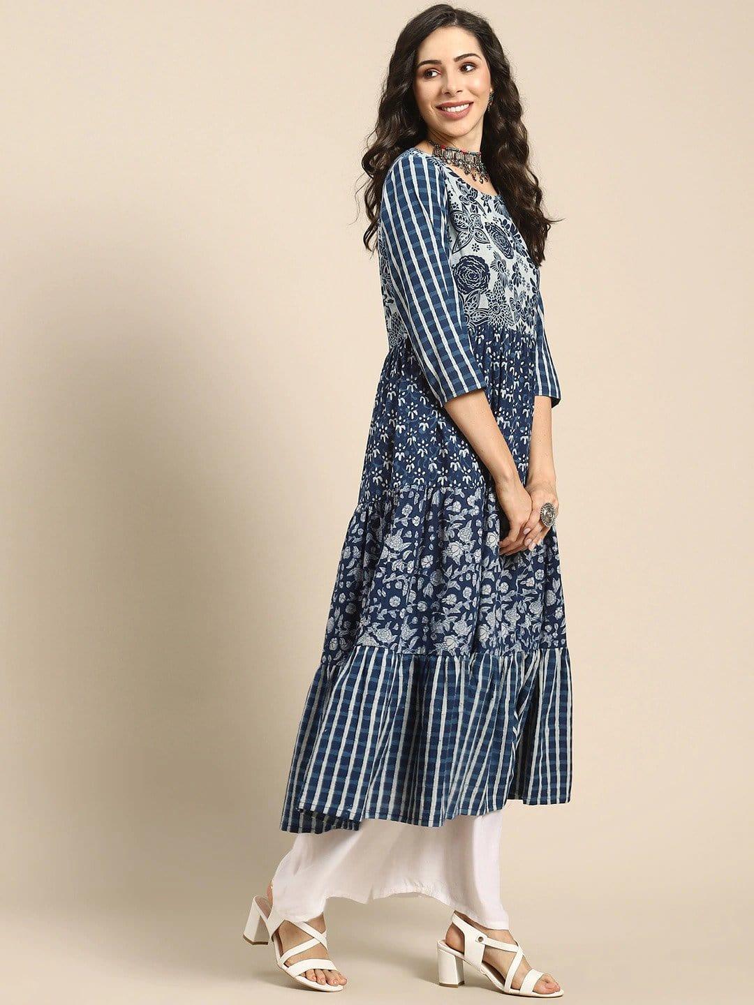 Navy Blue & White Ethnic Motifs Printed Cotton Block Print Anarkali Kurta - Indiakreations