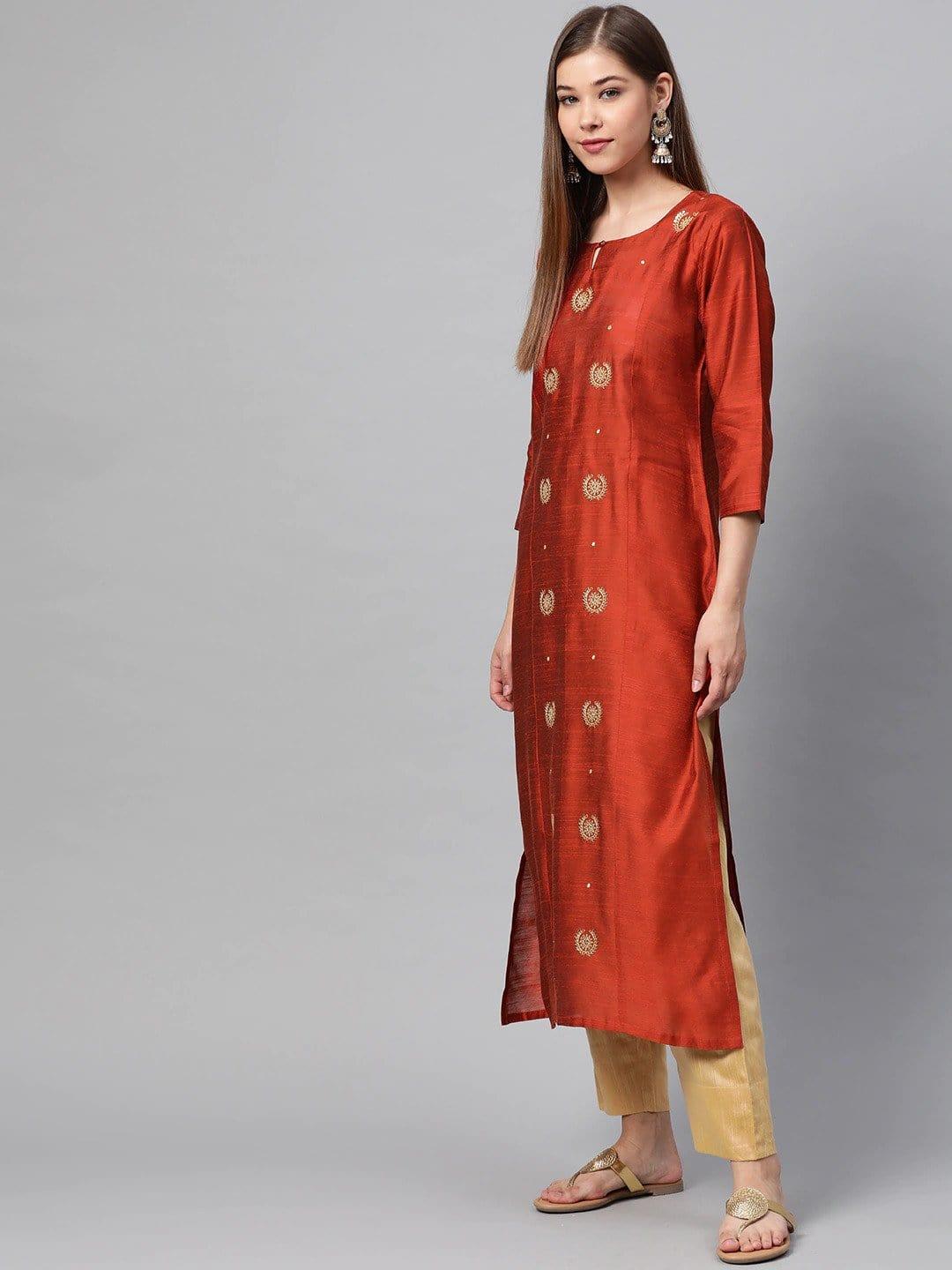 Rust Orange & Golden Embroidered Kurta with Trousers & Dupatta - Indiakreations