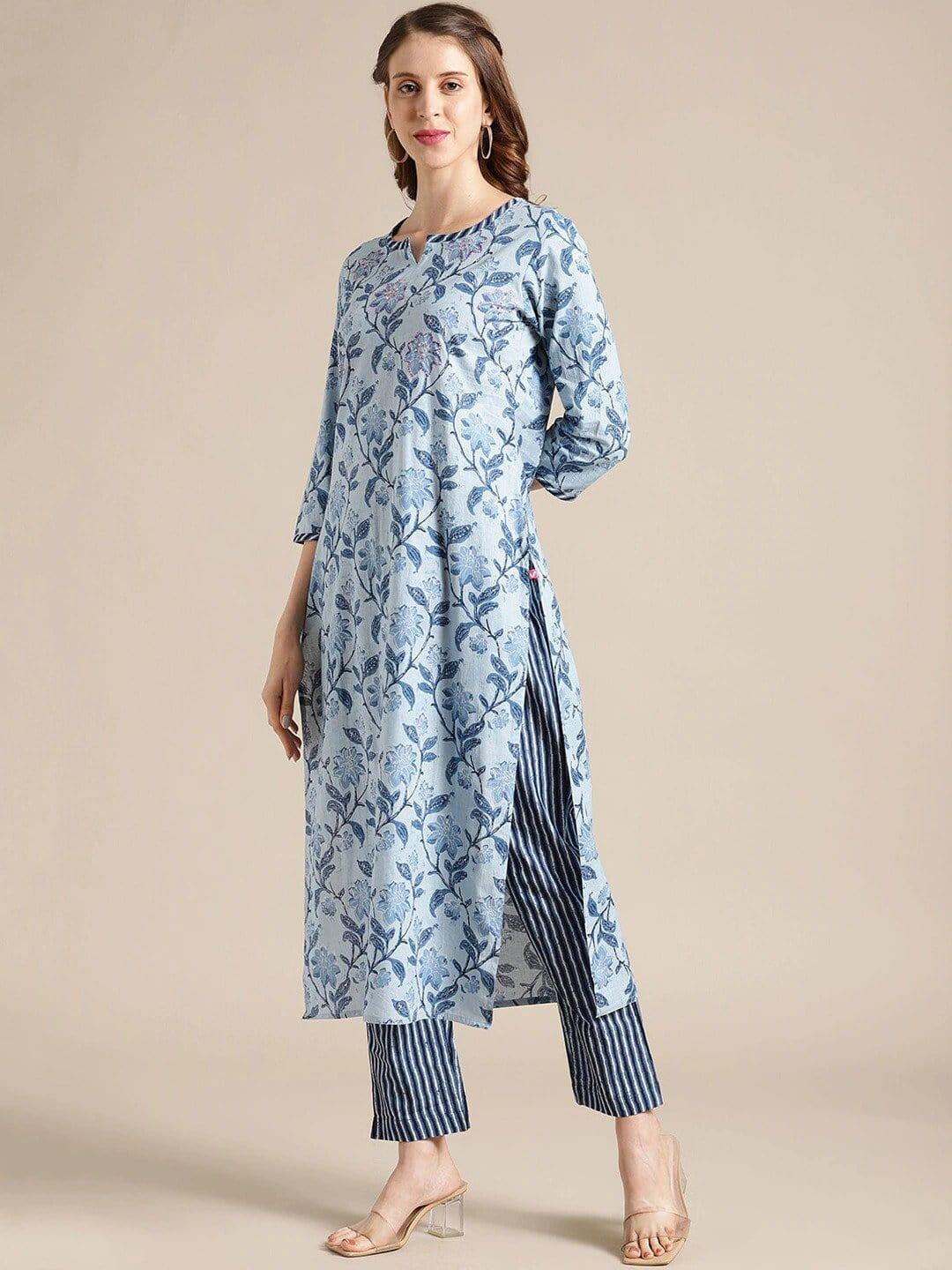 Blue Floral Printed Kurta with Trousers - Indiakreations