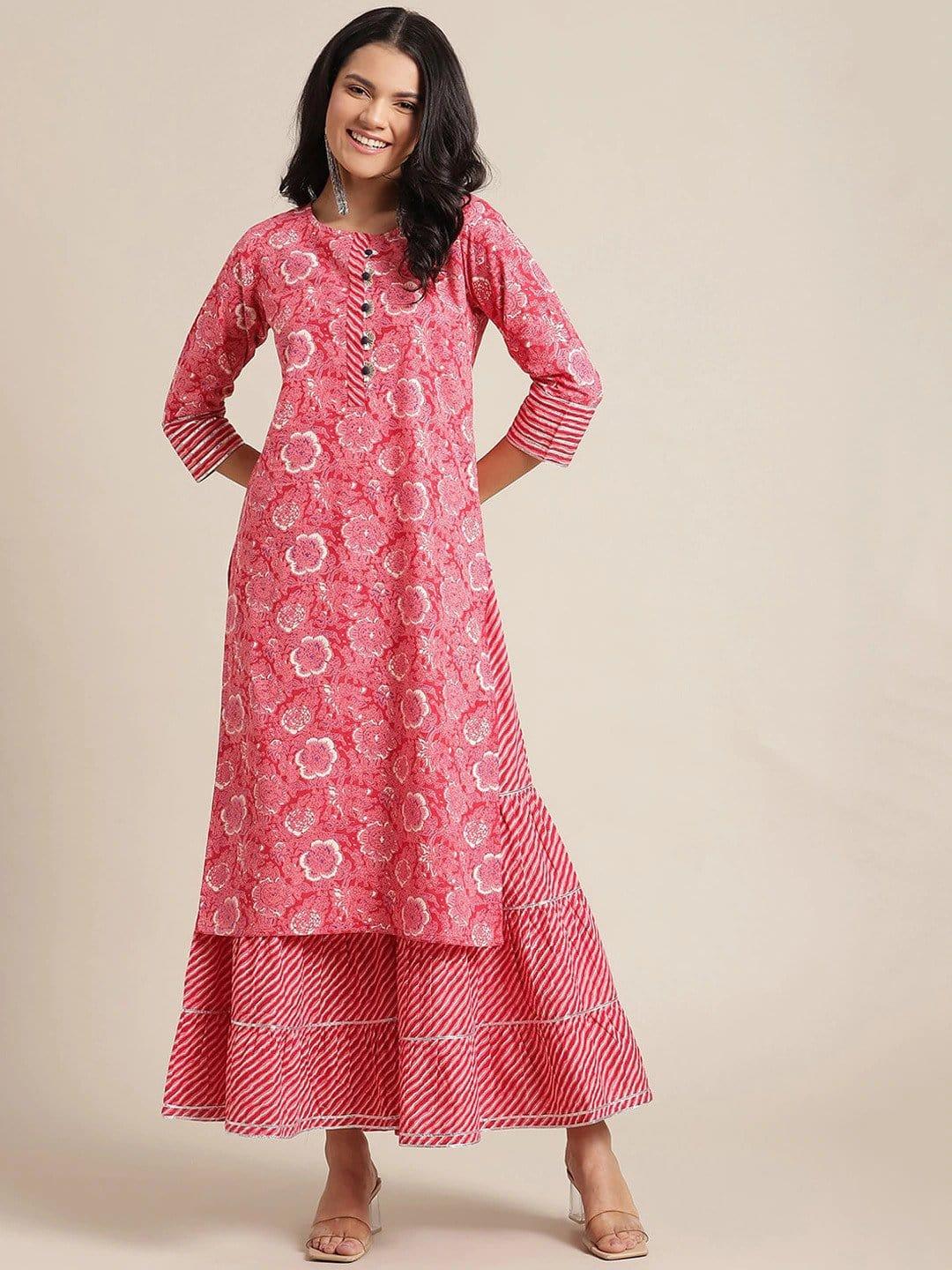 Pink Ethnic Motifs Printed Panelled Kurta With Skirt - Indiakreations