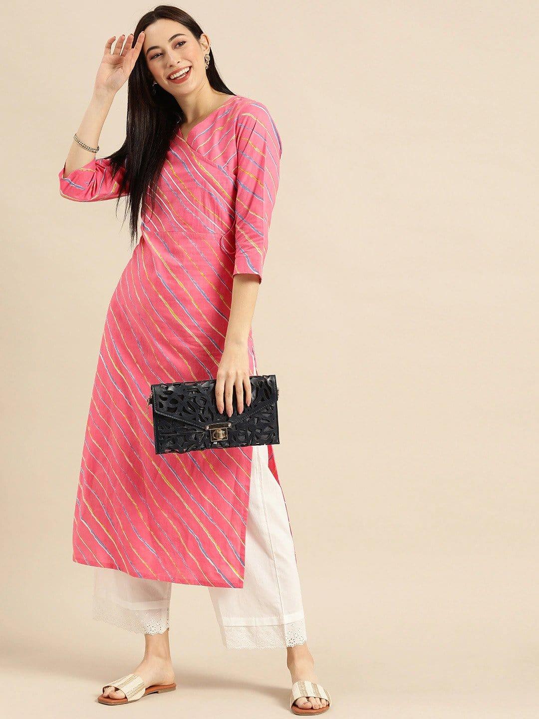 Pink & Blue Leheriya Printed Kurta - Indiakreations