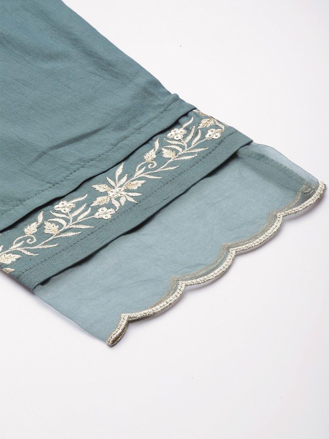 Teal Green Embroidered Kurta with Trousers - Indiakreations