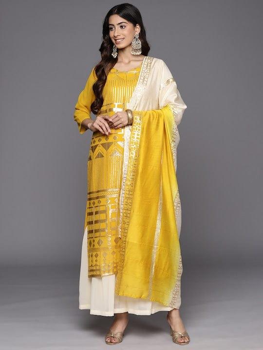 Varanga Yellow Embroidered Regular Sequinned Silk Georgette Kurta With Sharara & Dupatta - Indiakreations