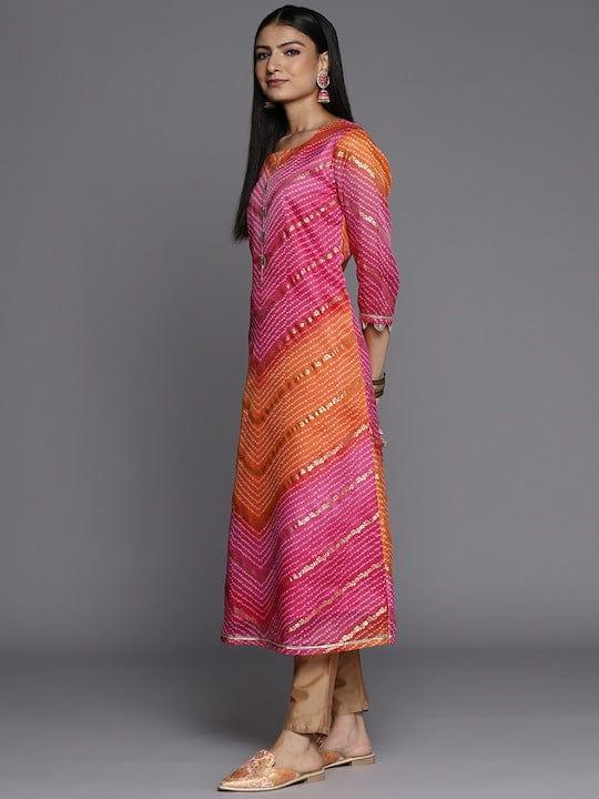 Varanga Women Pink & Orange Bandhani Printed Chanderi Silk Kurta - Indiakreations