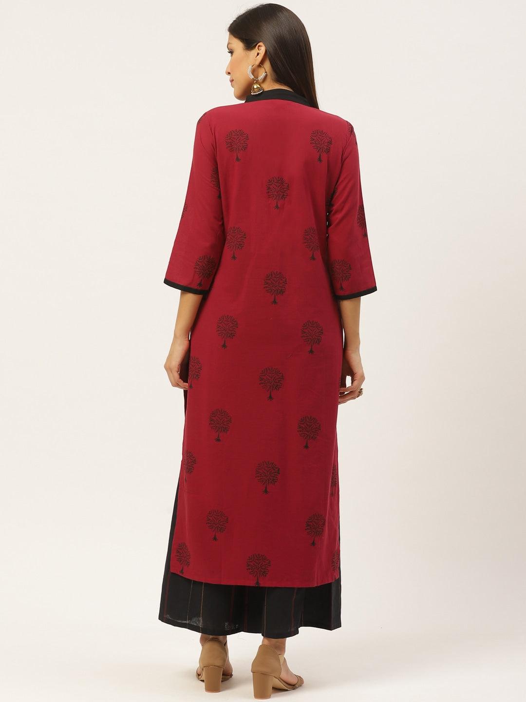 Women's Maroon & Black Block Print Kurta With Palazzos - Noz2Toz - Indiakreations