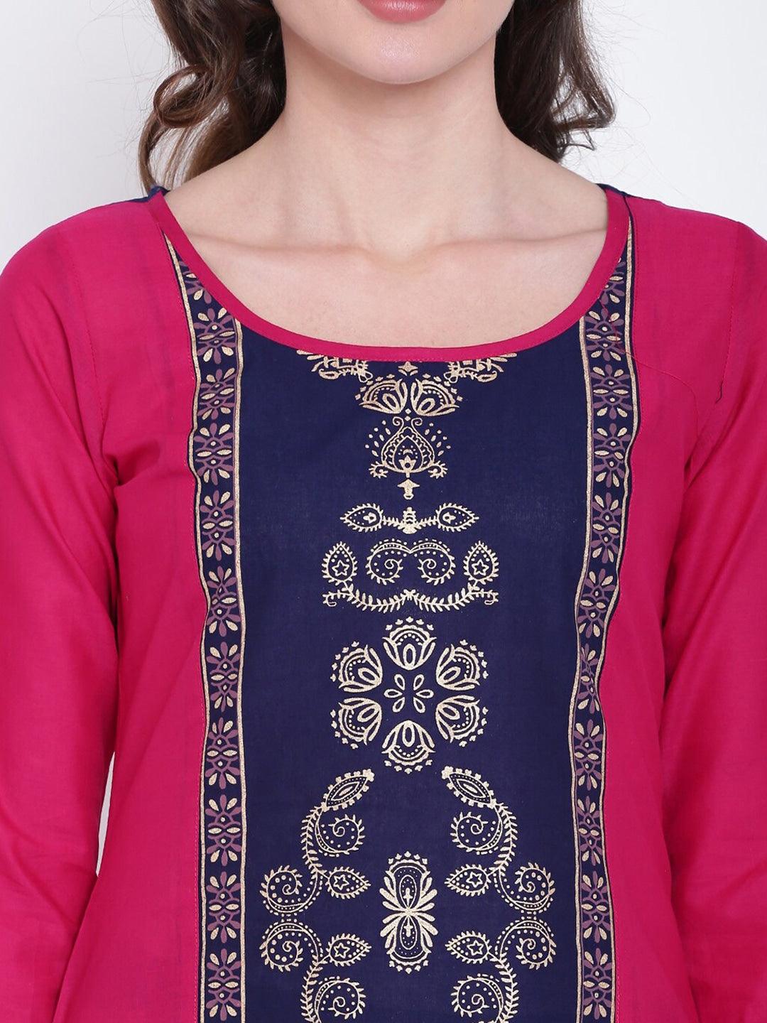 Women's Pink & Blur Ethnic Motifs Printed Panelled Straight Kurta - NOZ2TOZ - Indiakreations