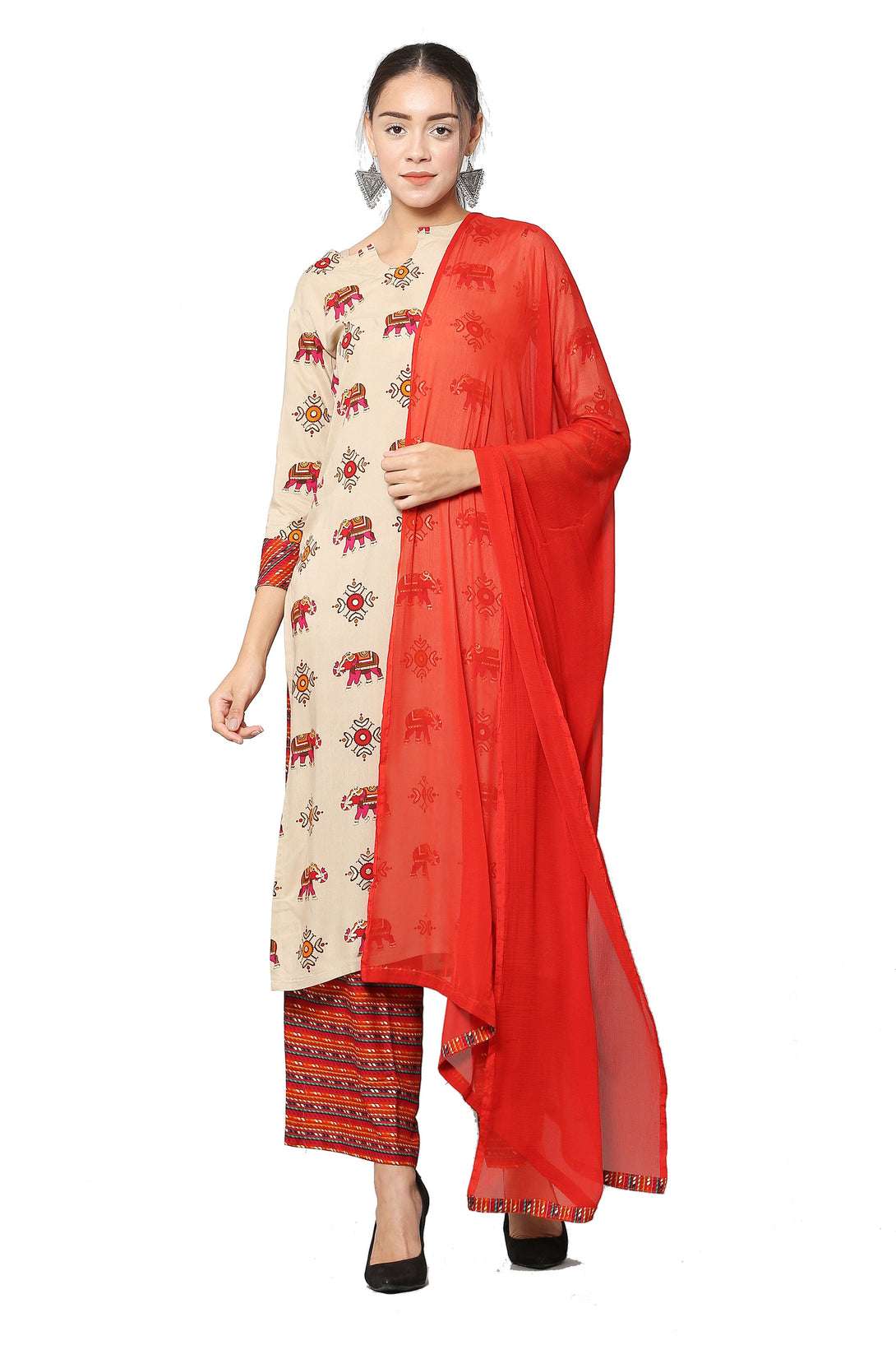 Women's Red Color Rayon Blend Printed Kurta Palazzo Set With Dupatta  - Vaaba