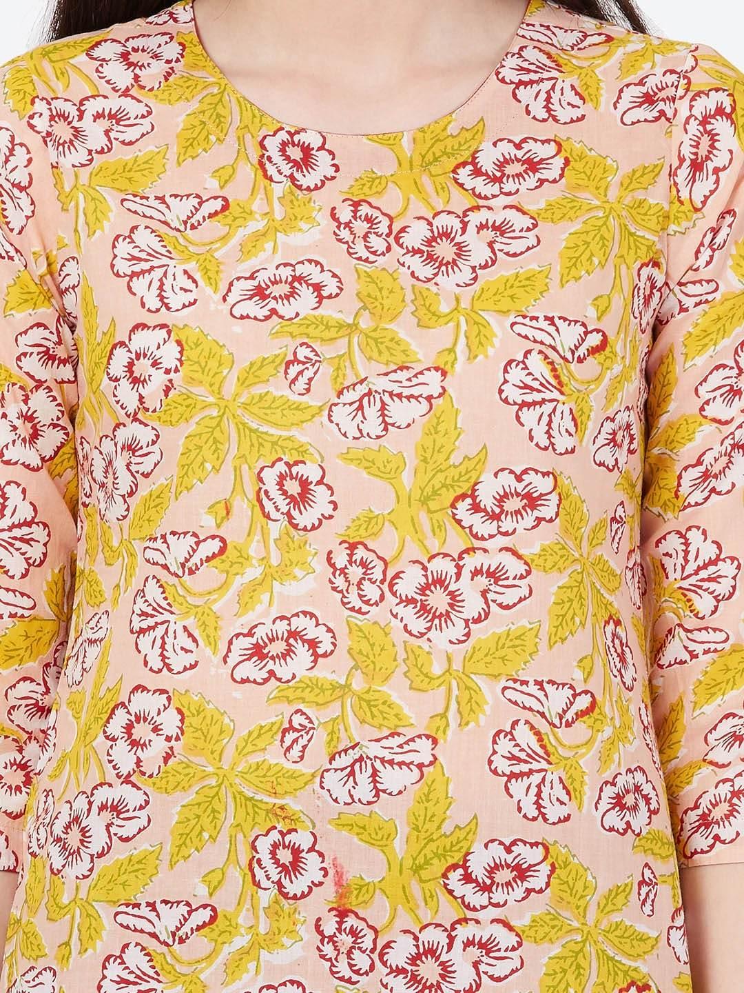 Women's Yellow & Maroon Floral Printed Kurta with Palazzos - Meeranshi - Indiakreations