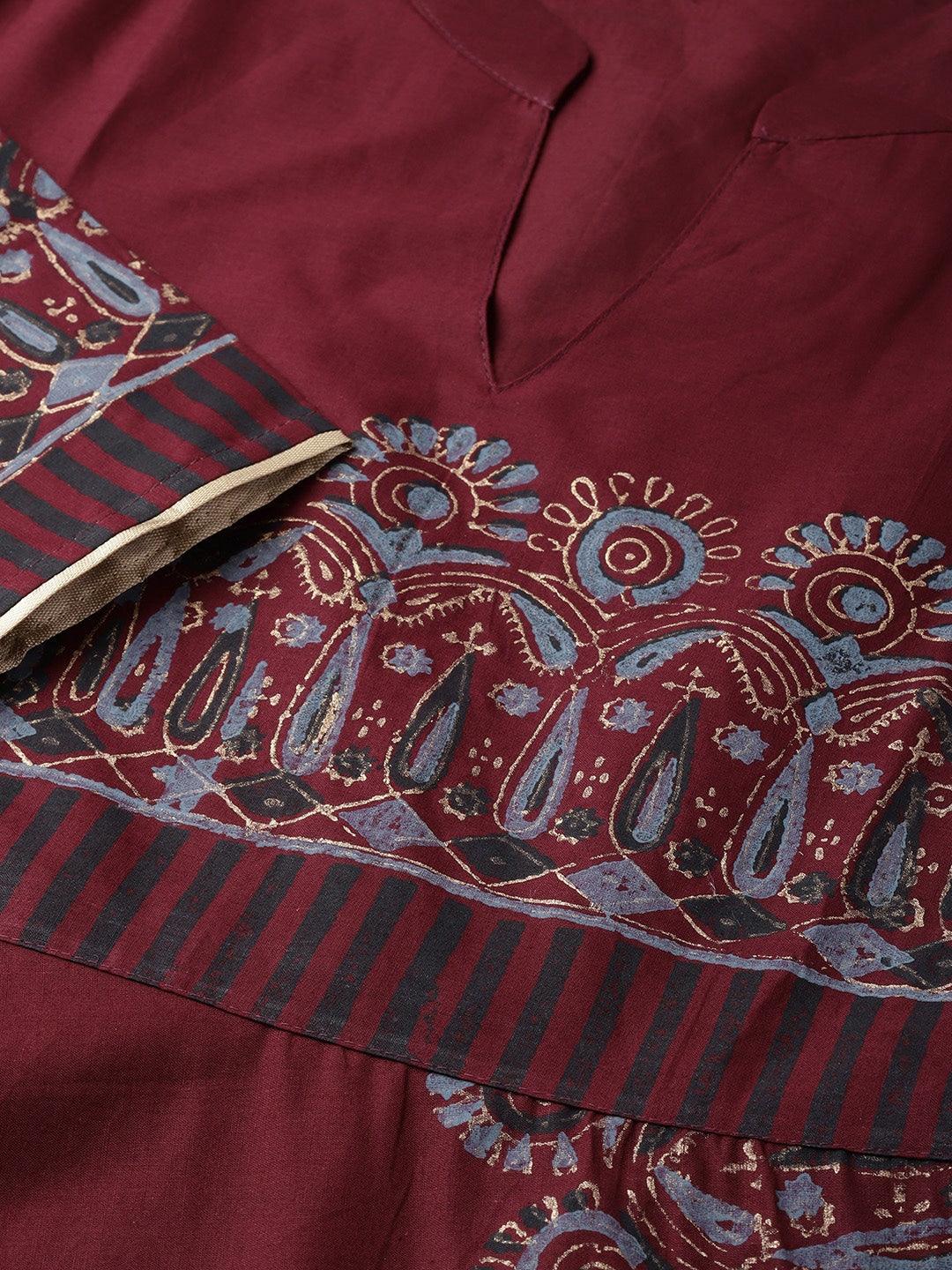 Women's Maroon & Grey Printed A-Line Kurta - Noz2Toz - Indiakreations