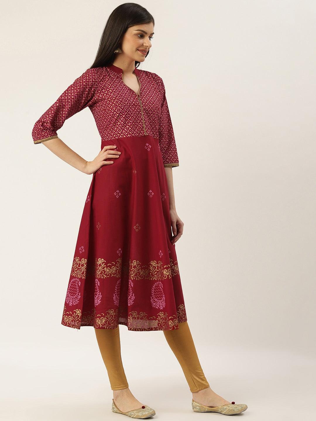 Women's Maroon Printed Anarkali Kurta - NOZ2TOZ - Indiakreations