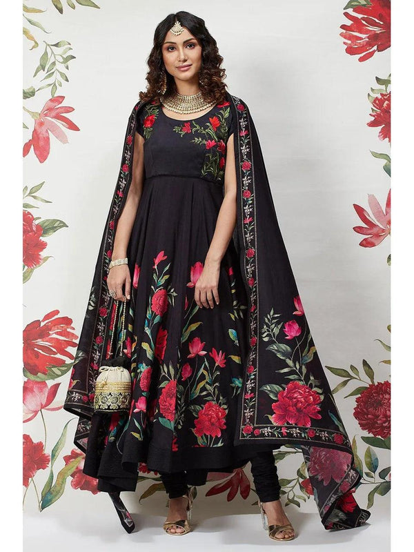 Women's Rohit Bal Black Printed Cotton Silk Flared Suit Set (Set of 3) - BIBA - Indiakreations