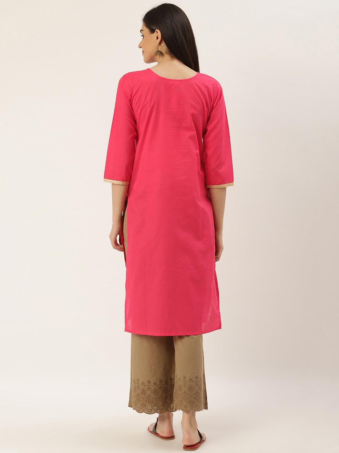 Women's Pink & Golden Gotta Patti Work Straight Kurta - NOZ2TOZ - Indiakreations