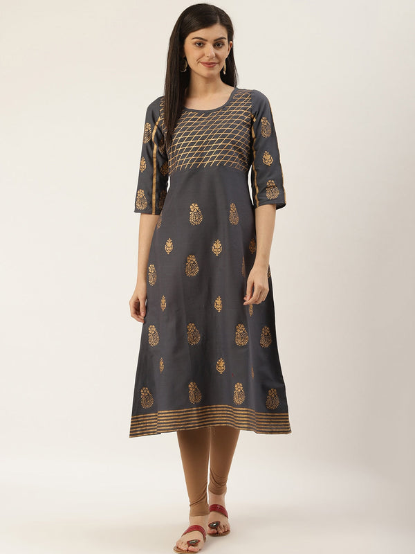 Women's Charcoal Grey & Golden Printed A-Line Kurta - Noz2Toz