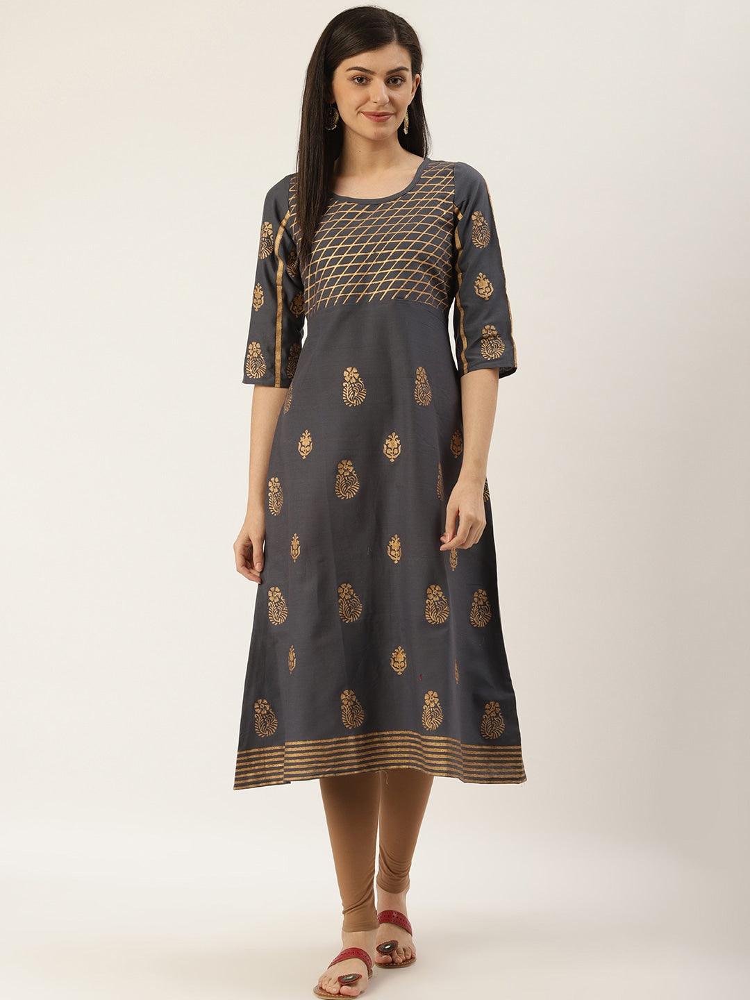 Women's Charcoal Grey & Golden Printed A-Line Kurta - Noz2Toz - Indiakreations