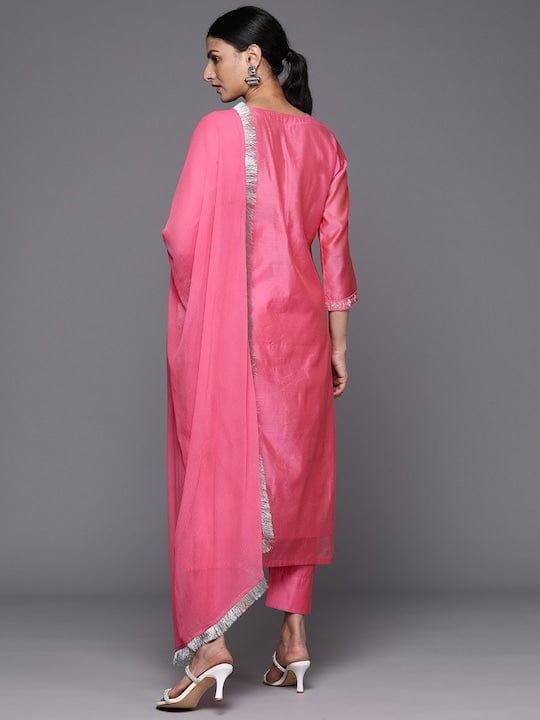 Varanga Women Pink Yoke Design Kurta with Trousers & With Dupatta - Indiakreations