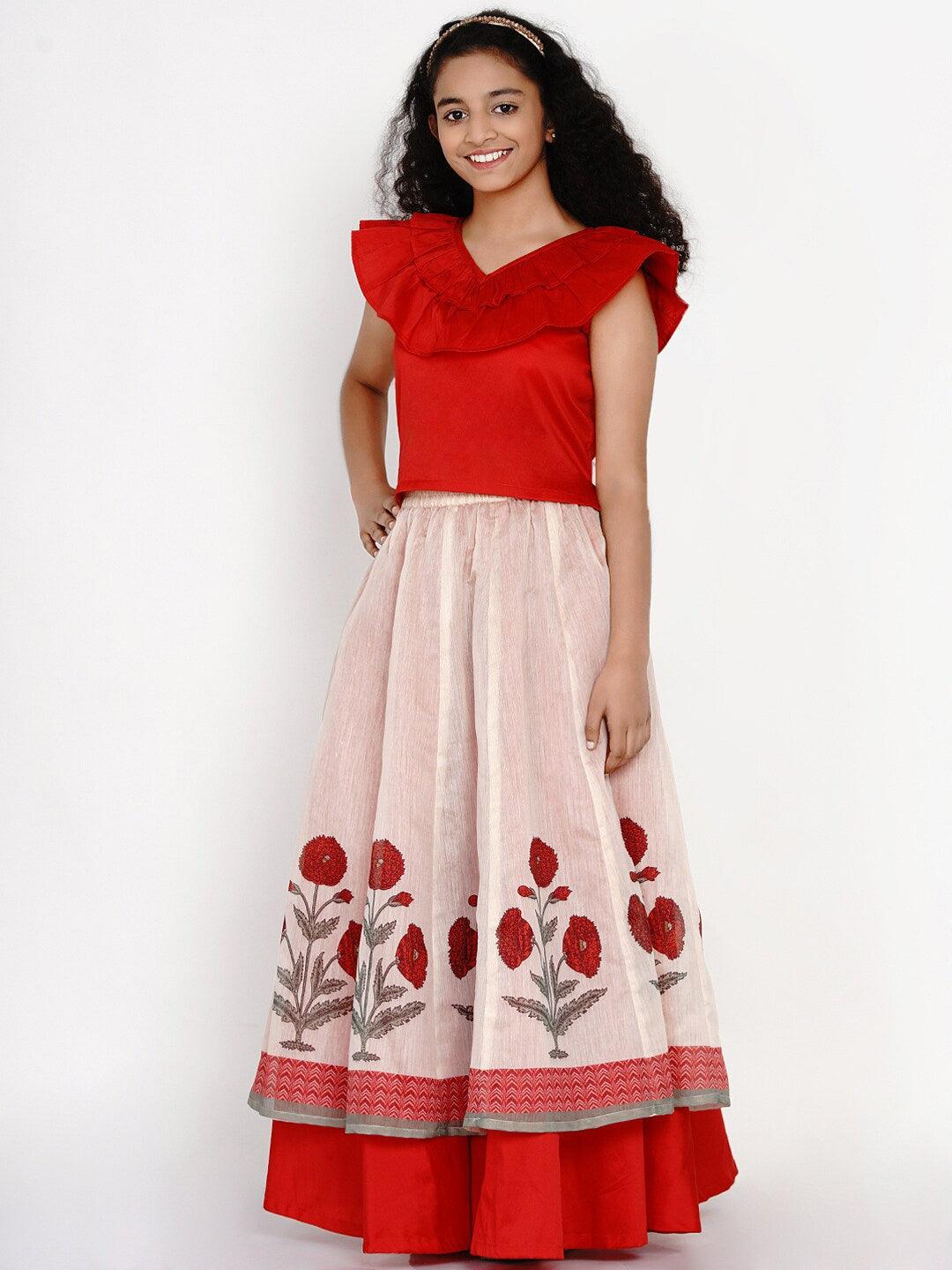 Girl's Red & Off White Block Print Ready to Wear Lehenga Choli - NOZ2TOZ KIDS - Indiakreations