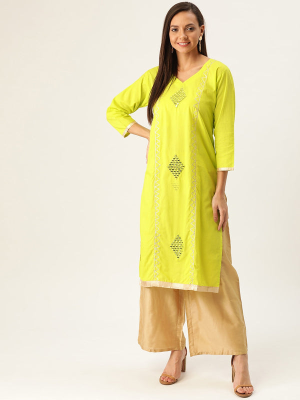 Women's Lime Green & Golden Embroidered Straight Kurta - Noz2Toz