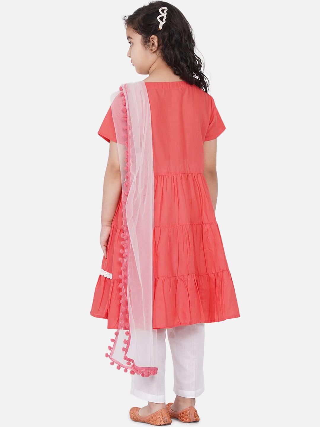 Girl's Peach-Coloured Embroidered Kurta with Dhoti Pants & With Dupatta - NOZ2TOZ KIDS - Indiakreations