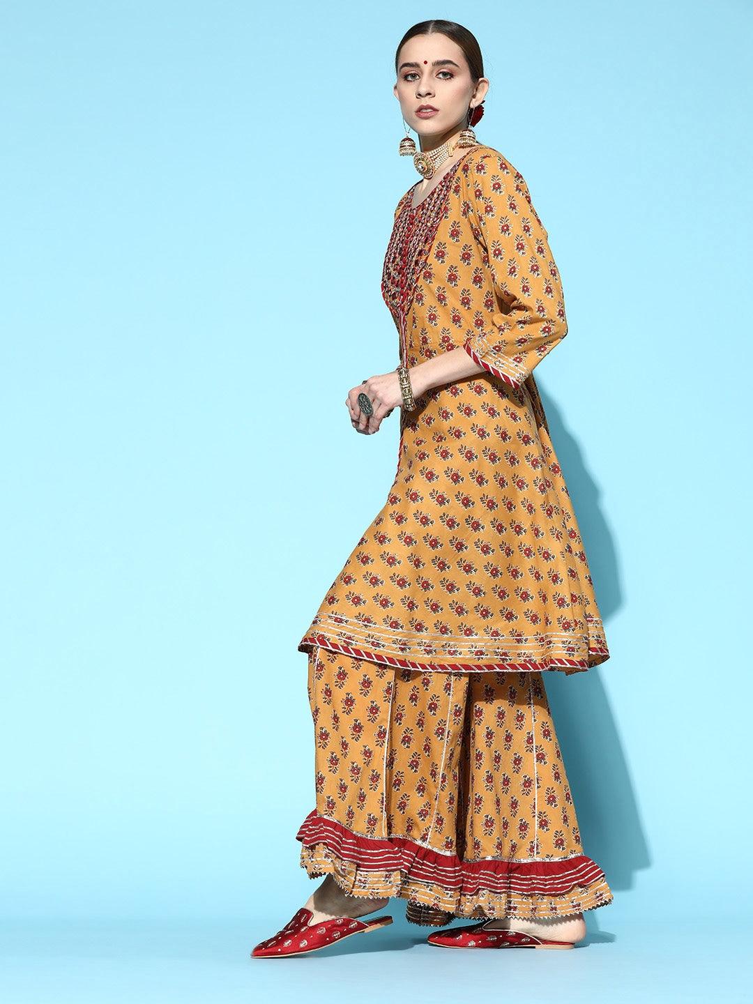 Women's' Cotton Mustard Embroidered A-Line Kurta Sharara Dupatta Set - Ishin - Indiakreations