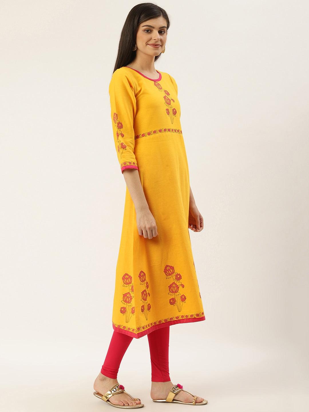 Women's Mustard Yellow & Pink Yoke Design A-Line Kurta - Noz2Toz - Indiakreations