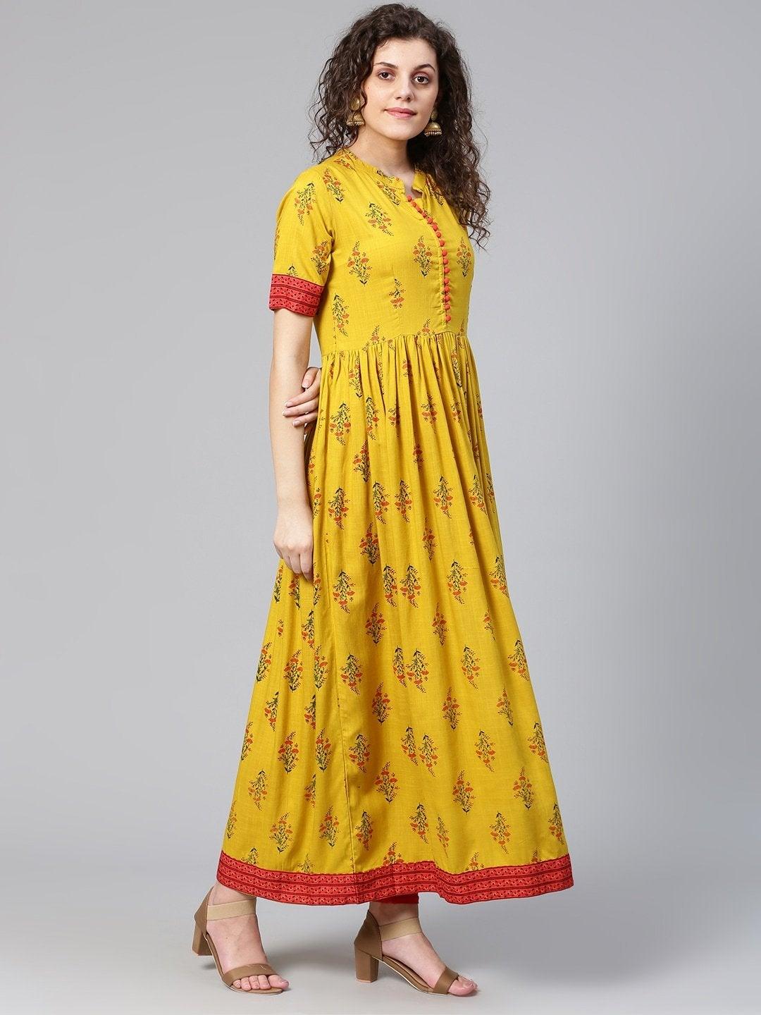 Women's Mustard Yellow & Red Printed A-Line Kurta - Meeranshi - Indiakreations