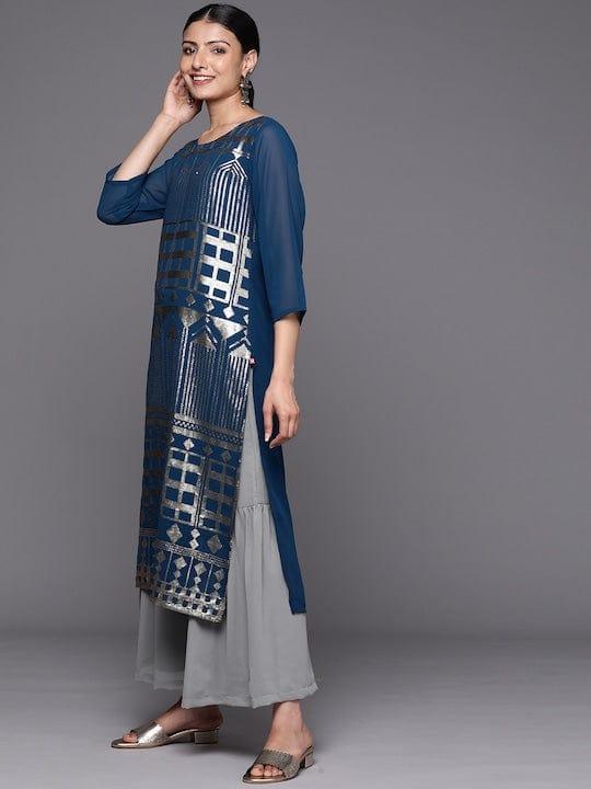 Varanga Women Grey Embroidered Sequinned Silk Georgette Kurta with Sharara & With Dupatta - Indiakreations