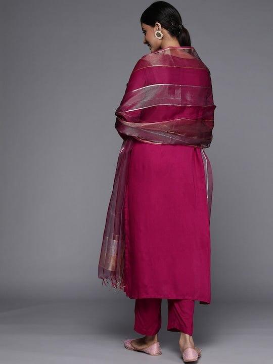 Varanga magenta kurta with dori and zari embroidered yoke paired with organza dupatta and straight trouser - Indiakreations