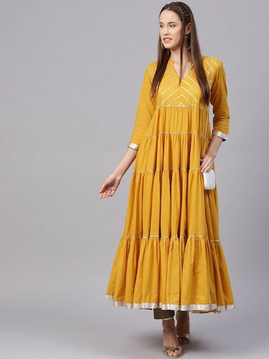 Varanga Women Mustard Yellow Solid Tiered Anarkali Kurta - Indiakreations