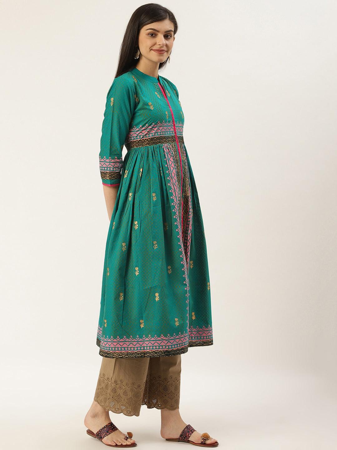 Women's Teal Green & Pink Hand Block Printed A-Line Kurta - Noz2Toz - Indiakreations