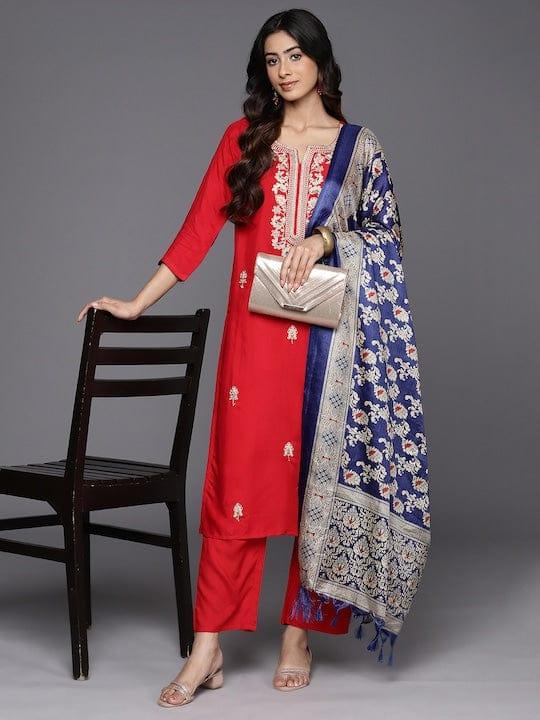 Varanga Ethnic Motifs Embroidered Regular Kurta With Trousers & Dupatta - Indiakreations