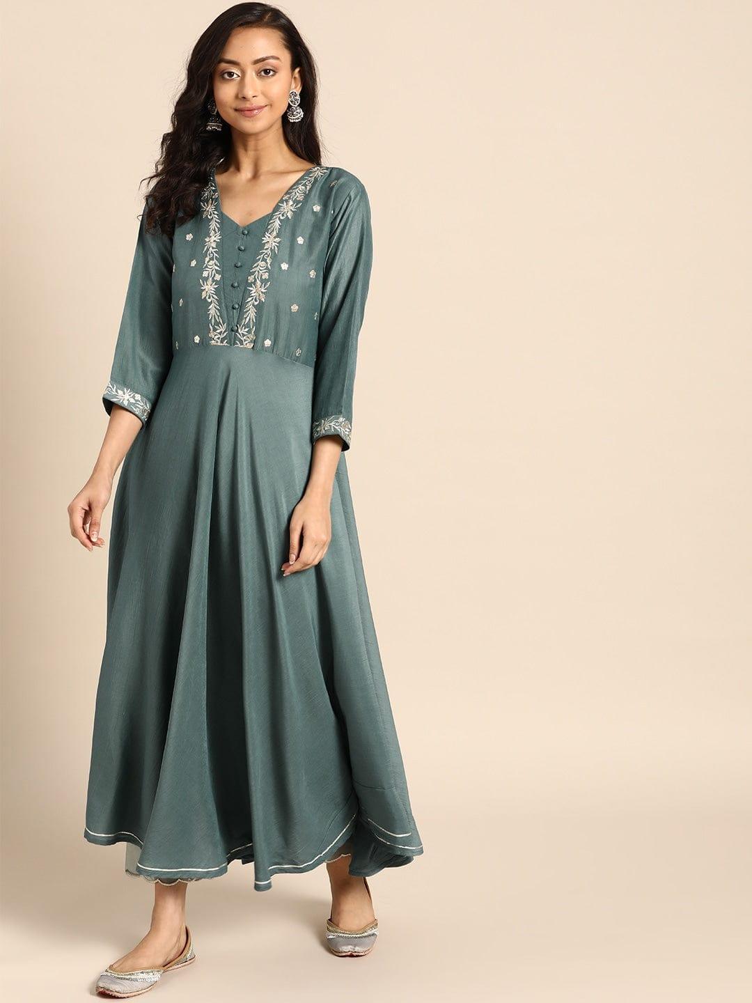 Teal Green Embroidered Kurta with Trousers - Indiakreations