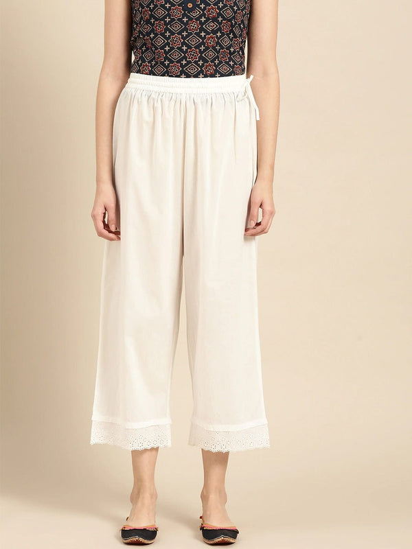 Women's White Schiffli Hem Design Straight Cropped Palazzos - Varanga