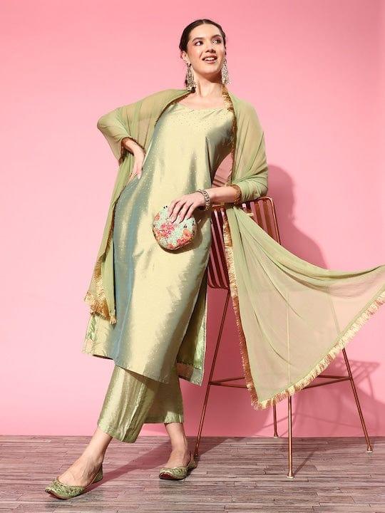 Varanga Women Zari Kurta With Trousers & Dupatta - Indiakreations