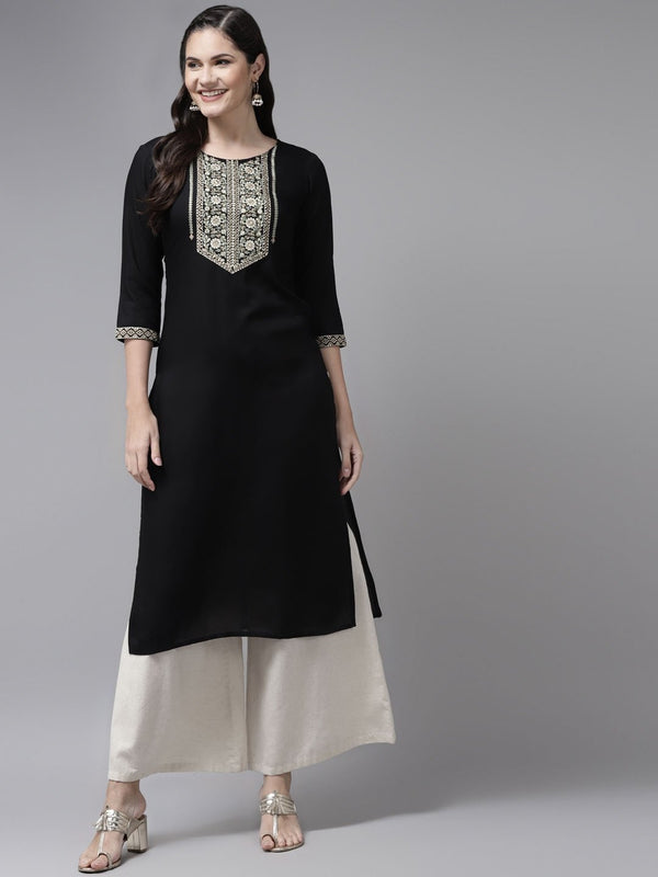 Women's Black Ethnic Motifs Yoke Design Kurta - Yufta