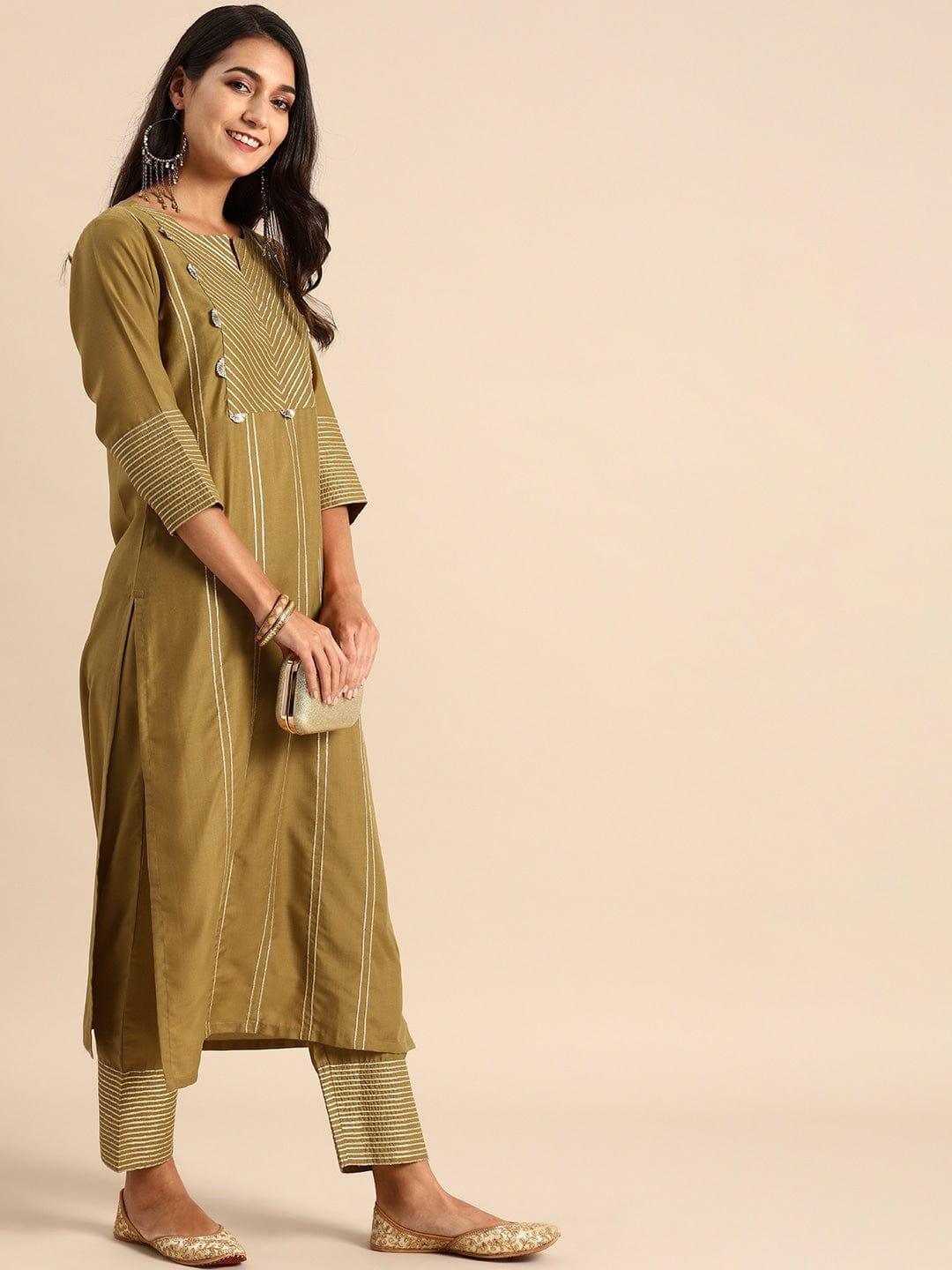 Olive Brown Striped Kurta with Trousers - Indiakreations