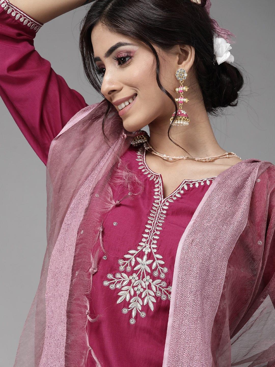 Magenta Pink Yoke Design Kurta with Trousers & Dupatta - Indiakreations